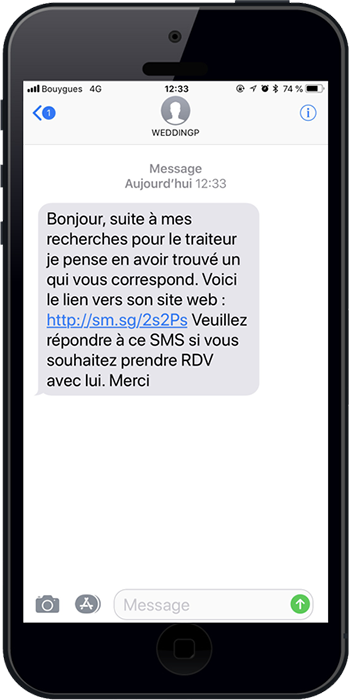 Exemple d'une alerte sms envoyée par un wedding planner