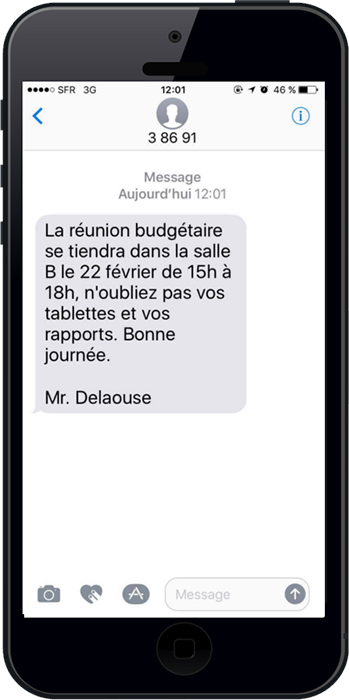 Exemple d'un sms envoyé par mail pour communiquer en interne dans une entreprise