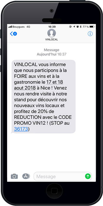 Envoyer une campagne sms promotionnelle pour annoncer sa participation à une foire aux vins et faire une offre pertinente dans le sms