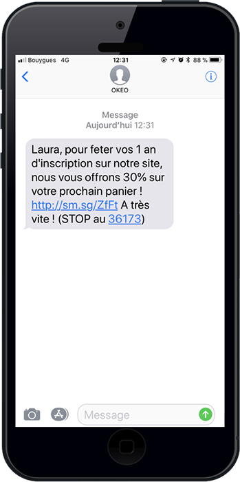 Exemple d'un sms personnalisé avec le prénom du destinataire grâce au publipostage