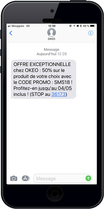 Exemple d'un sms promotionnel envoyé dans par une agence de voyage pour les offres de printemps.