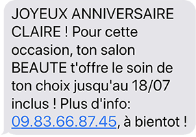 Exemple d'un sms anniversaire envoyé par un salon de beauté à une cliente pour la fidéliser