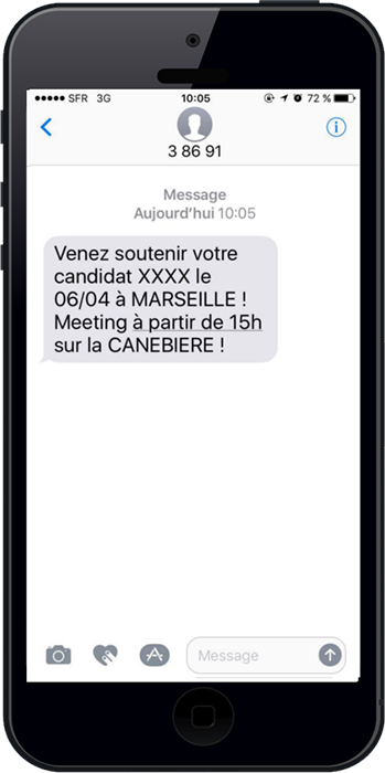 Quand un candidat vient dans une ville faire un meeting il est important d'en informer les habitants de la ville en leur envoyant un sms politique