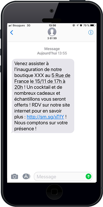 Exemple sms pour ouverture d'un magasin avec insertion lien raccourci