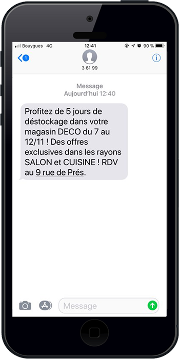 Exemple d'un sms promotionnel envoyé par un magasin de décoration pour une opération de déstockage