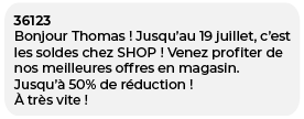 Exemple de SMS pour les soldes SMSFactor