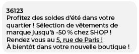 Exemple de SMS pour les soldes SMSFactor